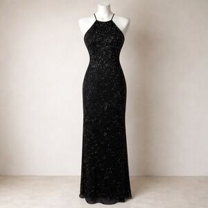 Y2k Mary's 100% Silk Black Beaded Sequin Halter Neck Evening Gown Dress 8 Formal